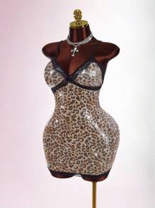 Amplova Vestido ajustado mini con espalda descubierta y estampado de Leopardo sexy, talla grande, verano - Multicolor - Ver 3