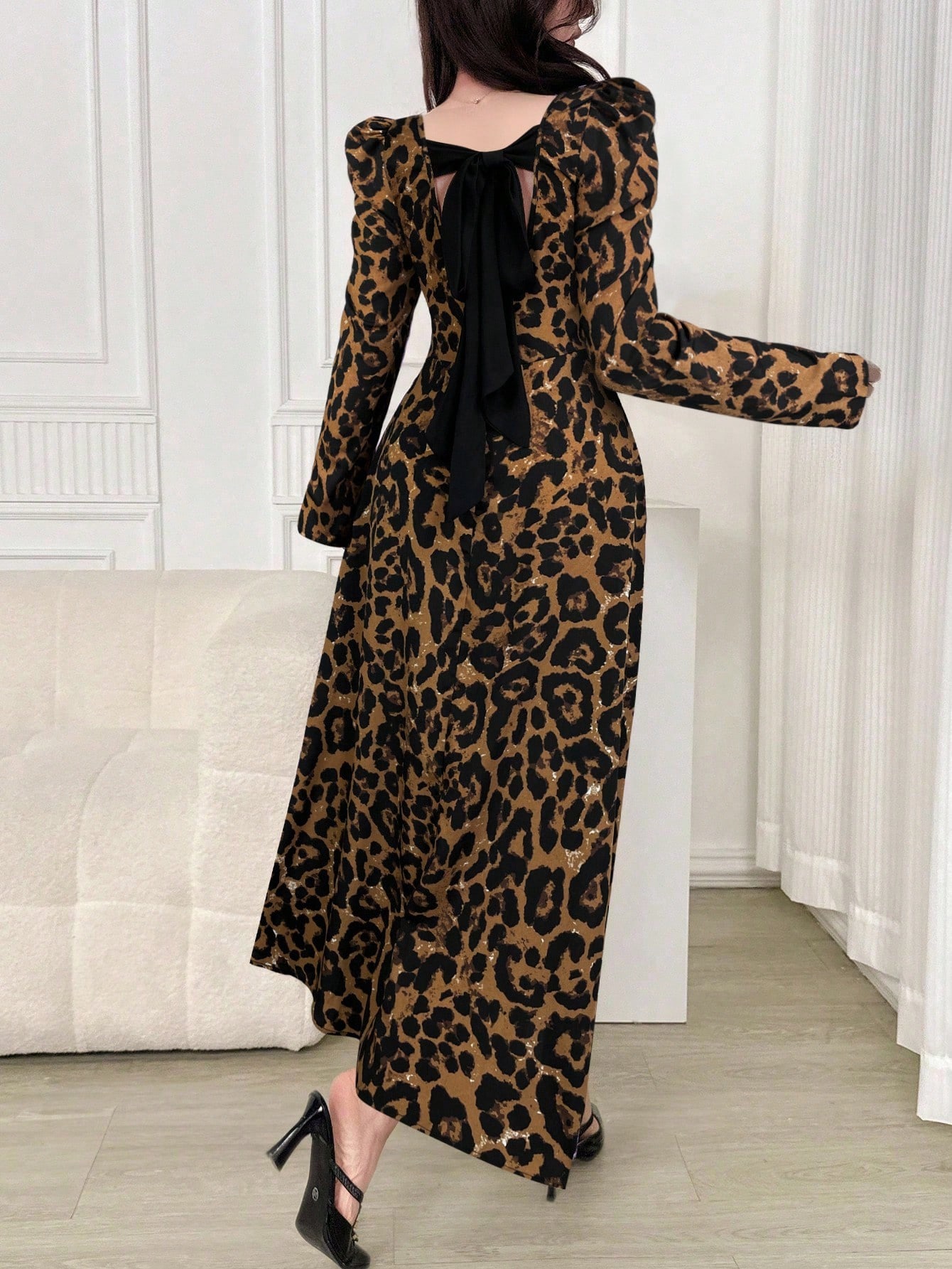 Modelyn فستان نسائي بنمط طباعة الفهد بأكمام منتفخة