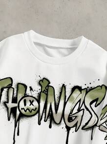 PAVTROS 2pcs/Set Tween Boys Fashion White Hoodie + Olive Green Pants, Green Print Design, Soft Fabric, Comfortable Casual Wear, Suitable For Spring Autumn, School & Outing Fall Winter