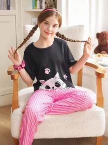 可爱少女猫咪印花短袖T恤和条纹裤睡衣套装 - 彩色 - 查看 3