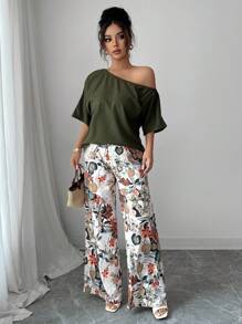 SHEIN VCAY 2pcs/Set Women's Vacation Solid Color Asymmetrical Neck Blouse And Floral Print Pants Casual Suit - Army Green - View 4
