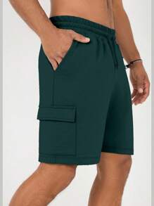 EURMUSE Men's Solid Color Drawstring Waist Cargo Pocket Loose Casual Shorts - Dark Green - View 5