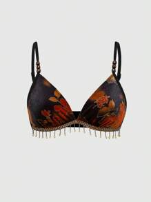 ROMWE Hippie Parte superior sin mangas de mujer de terciopelo con estampado de paisley, con adorno de cuentas de madera y flecos, adecuada para usar con faldas o pantalones, ropa de vacaciones