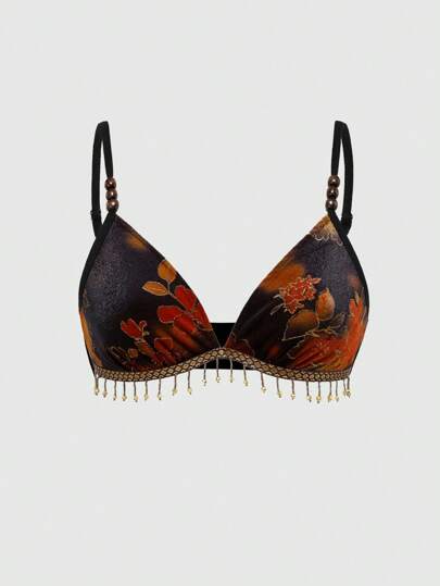 Hippie Back To School  Women's Velvet Paisley Print Sleeveless Top With Wooden Bead & Tassel Trim, Suitable To Pair With Skirts Or Pants, Vacation Wear