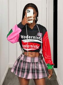 BamGleam Chic Autumn Color Block Letter Print Cropped Hoodie Pullover Fall - Black - View 3
