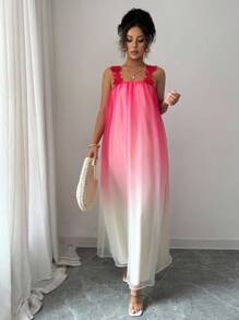 Elenzga Vestido de tirantes de encaje de estilo de vacaciones con degradado de colores para mujer - Multicolor - Ver 6