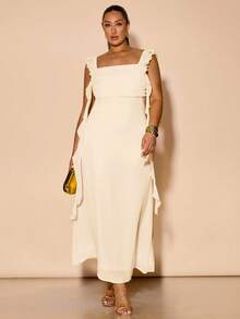 SHEIN BAE Váy đuôi cá dài bằng vải voan xếp nếp màu vàng trơn cỡ lớn mùa xuân hè, váy vàng, váy phù dâu dự tiệc cưới, váy thanh lịch, vàng bơ - Màu be - Xem 4