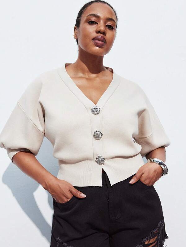 Maija Plus Size Women's Floral Button Drop Shoulder Loose Knit Sweater Fall Women Clothes Autumn Clothes Back To School Clothes Homecoming Modest Vintage Clothes Women Old Money Teacher Outfits For Women Romantic, Fashion, Versatile;  Comfortable,  Stylish, Elegant, Casual, , Simple Daily Wear, Essential, Solid Color, Holiday Casual, Decent, Single Lady,  Elegant Fashion Business Casual Woman Going Out Tops Graduation Outfit  Steacher Outfits For Women
