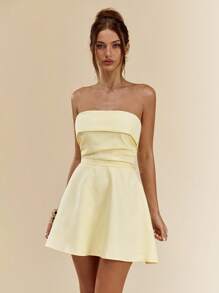 SHEIN BAE 春夏纯黄色奶油色露肩褶饰紧身迷你连衣裙，优雅女士鸡尾酒会礼服，适合早餐、早午餐、外出 - 黃色 - 查看 4