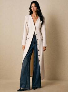 Poéselle 女式长款单排扣长袖长大衣，秋季 - 杏色 - 查看 3