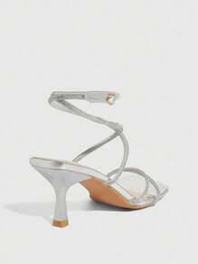 CUCCOO SZL Women's Fashion Silver Rhinestone Strap Wrapped Ankle Strap Square Toe Stiletto Heel Sandals, Suitable For Commuting, Dating, Party, Holiday For Christmas Spring Shoes Prom Heels Summer Shoes - Silver - View 10