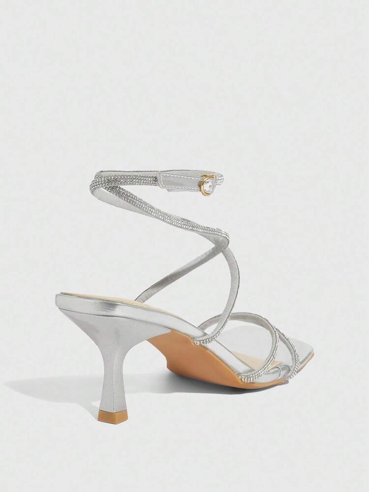 CUCCOO SZL Women's Fashion Silver Rhinestone Strap Wrapped Ankle Strap Square Toe Stiletto Heel Sandals, Suitable For Commuting, Dating, Party, Holiday For Christmas Spring Shoes Prom Heels