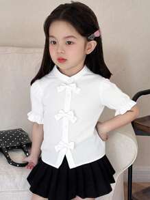Girls (Small) White Blouse With Cute Bow Decor, Versatile To Pair With Pants, Skirts, And More Girls White Blouse Girls Bow Shirt Girls Collar Shirt Little Girls White Blouse Toddler Girls White Blouse Girls White Bow Blouse Girls White Shirt With Bows Bow Shirt For Girls Girls Elegant Blouse