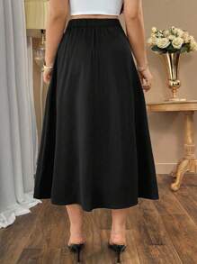 Auvina Plus Size Women Solid Color Pleated A-Line Office Elegant Long Skirt