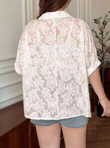 SHEIN LUNE Áo sơ mi ngắn tay mùa hè họa tiết cầu vồng jacquard dành cho nữ cỡ lớn, áo kiểu nữ cỡ lớn chống nắng và thời trang, cổ ve áo hơi trong suốt, áo kiểu đi biển dễ thương, áo kiểu ren. - Nhiều màu - Xem 2