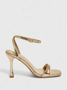 CUCCOO SZL Women's Fashionable Minimalist Ankle-Strap High Heel Square Toe Sandals, Suitable For Commute, Dating, Parties For Christmas - Champagne - View 5