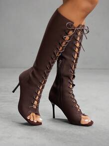 CUCCOO SZL Fashion Criss-Cross Strappy Peep-Toe Knee-High Boots For Christmas - Coffee Brown - View 8