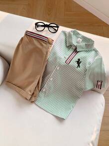SHEIN 2 件/套平价休闲运动学院风彩色条纹丝带装饰 Polo 领短袖衬衫和卡其色梭织短裤套装，适合日常穿着、运动、郊游、校园、聚会、节日、拍照、返校季、春夏季 - 綠色 - 查看 7