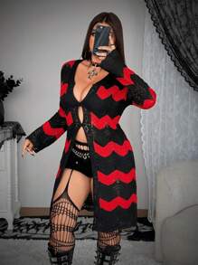 Whyspr Kardigan z dzianiny w dużych rozmiarach Y2K dla kobiet, z czarno-czerwonym blokiem kolorów i guzikami z przodu, w stylu Street Dark, odpowiedni na wiosnę, lato i jesień - Czarne - Zobacz 7