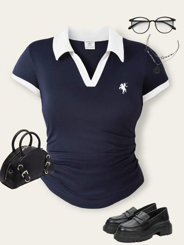 Lunivi Camiseta plissada casual com estampa floral e contraste de cores para meninas pré-adolescentes