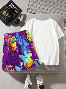 SHEIN Lässiges Und Einfaches Set Aus Kurzärmligem T-shirt Und Shorts Mit Spielkonsolen-muster Für Tween-Jungen, Geeignet Für Den Sommer