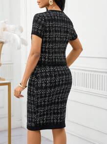 SHEIN Lady Bộ áo sơ mi và váy ngắn tay kẻ caro thanh lịch khi đi làm - Đen và trắng - Xem 3