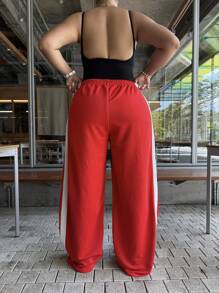 Dripcurv Plus Size Contrast Striped Print Pocket Casual Wide Leg Jeans