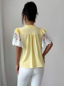 Elenzga 女士时尚蕾丝拼接袖V领衬衫 - 黃色 - 查看 2