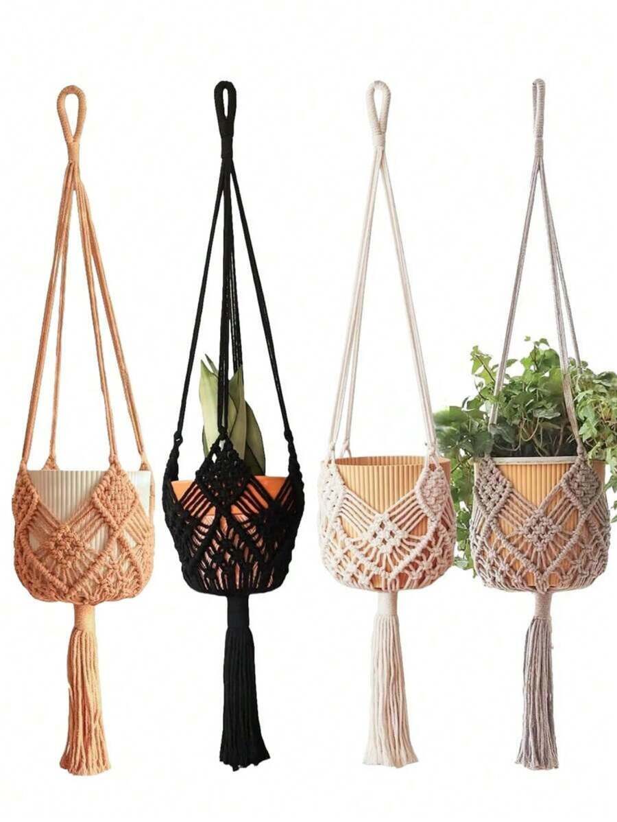 Colgante de planta de macramé hecho a mano con borlas - Soporte colgante de cuerda de algodón para macetas para decoración interior del hogar, decoraciones de tablón de pared bohemio - Multicolor - Ver 1