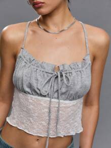 TypaGal 女士休闲时尚夏季蕾丝拼布吊带背心 - 灰色 - 查看 5