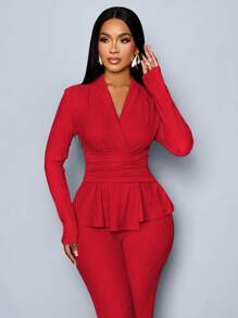 SOLERSUN 女士杏色优雅 V 领长袖 T 恤和阔腿裤两件套，不对称下摆两件套服装，休闲日常穿着，女士冬装 - 紅色 - 查看 7