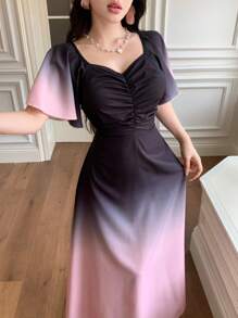 Modelyn 女式黑色至紫红色渐变蝙蝠翼短袖褶皱可爱法式夏装 - 彩色 - 查看 6