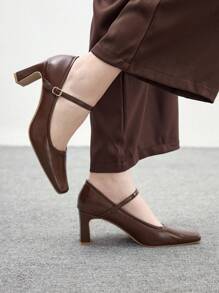 CUCCOO BIZCHIC Women's Casual Simple Solid Color Chunky Heel With Buckle Flat Shoes For Christmas Spring Shoes - Brown - View 3