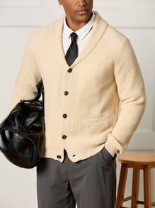 Manfinity CityGents Áo khoác cardigan nam trơn màu có cổ khăn choàng, tay dài, thường ngày, phong cách cổ điển, thu đông - Màu be - Xem 5