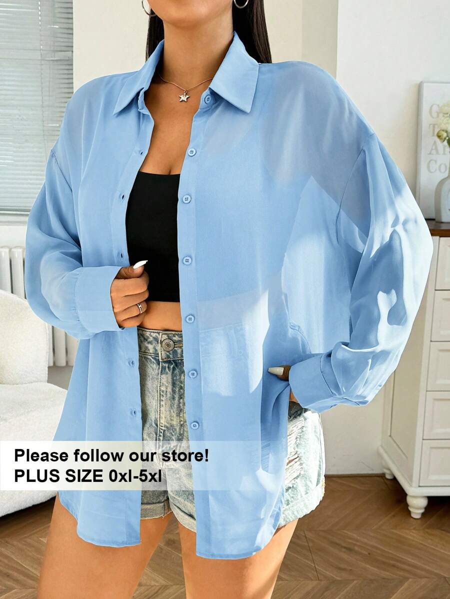 SHEIN EZwear 大码女式休闲透视宽松长袖开襟衬衫，适合夏季、秋季、上学、约会、下午茶、海滩、夏威夷、日常穿着 - 淺藍色 - 查看 1