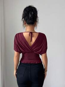 Elenzga 女士弹性网眼衬里面料优雅度假海滩休闲法式浪漫交叉褶皱聚拢肩袖腰部褶皱弹力荷叶边下摆 T 恤，适合户外和通勤，春夏季