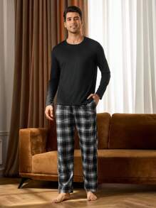 Men's Casual Plaid Lounge Pants, For Autumn, Fall, Winter