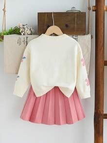 SHEIN Vintaside Kids 2 Pieces Set Young Girl Pink 3D Flower Decor Sweater And Pleated Skirt,Autumn Fairy School Back-To-School Girls Floral Outfit Spring Winter Clothes - White - View 2