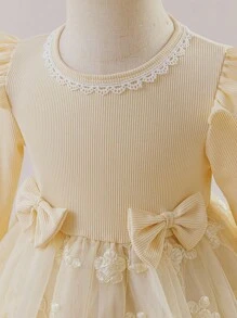Glamorique Kids Vestido de manga larga para bebé/niña pequeña con bordado y diseño de manga de encaje, adecuado para varias ocasiones, que muestra un estilo elegante y lujoso - Albaricoque - Ver 7
