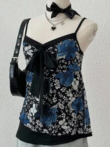 SHEIN Áo hai dây buộc trước họa tiết hoa thường ngày dành cho nữ, mùa hè - Màu xanh lam - Xem 4