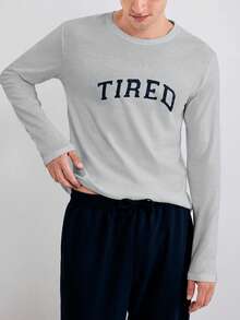 RueChic Bộ đồ ngủ nam 100% cotton áo thun họa tiết chữ và quần - Xám - Xem 3