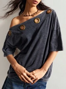 Bohemela 女士休闲纯色针织不对称领口宽松T恤 - 黑色 - 查看 7