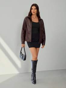 SHEIN Tall 女士纯色拉链休闲百搭长袖夹克，棕色仿皮斑驳纹理夹克，复古冬季夹克 - 咖啡棕 - 查看 4