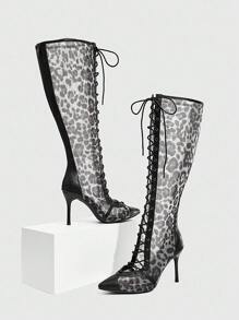 CUCCOO SZL Women's Pointed Toe Leopard Print Mesh High Heel Boots, Fashion Comfortable For Party And Nightclub, With Lace-Up And Back Zipper