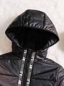 SHEIN 青少年男孩撞色字母带中长款厚外套，适合通勤、上学、休闲、运动、秋冬 - 黑色 - 查看 5