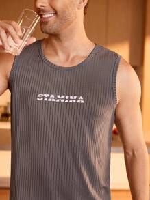 Men Letter Print Spring And Summer Vest And Shorts Homewear Set - Dark Grey - View 5