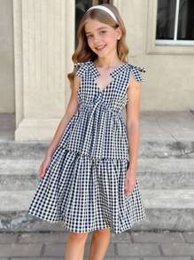 Tween Girls Casual Fashion Woven Gingham V-Neck Sleeveless Bow Patchwork Waist A-Line Dress, Back To School, Graduation Party, Summer Holiday - Black - View 8
