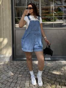 Dripcurv Plus Size Women's Summer Casual Streetwear Collegiate Style Flap Pocket Denim Bib Overall Shorts,Back To School