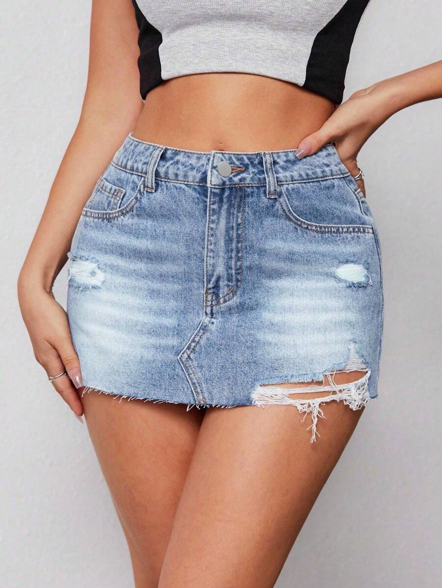 SHEIN ICON Mini jupe déchirée à volants en jean grande taille - Jean clair - Voir 1