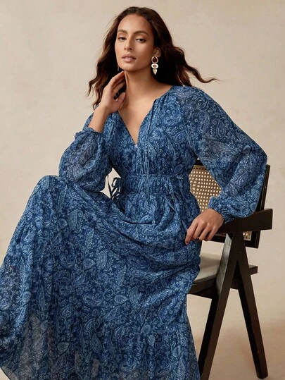 Florisole 女式波西米亚复古佩斯利印花宽松 A 字优雅灯笼袖设计系带装饰连衣裙，春秋